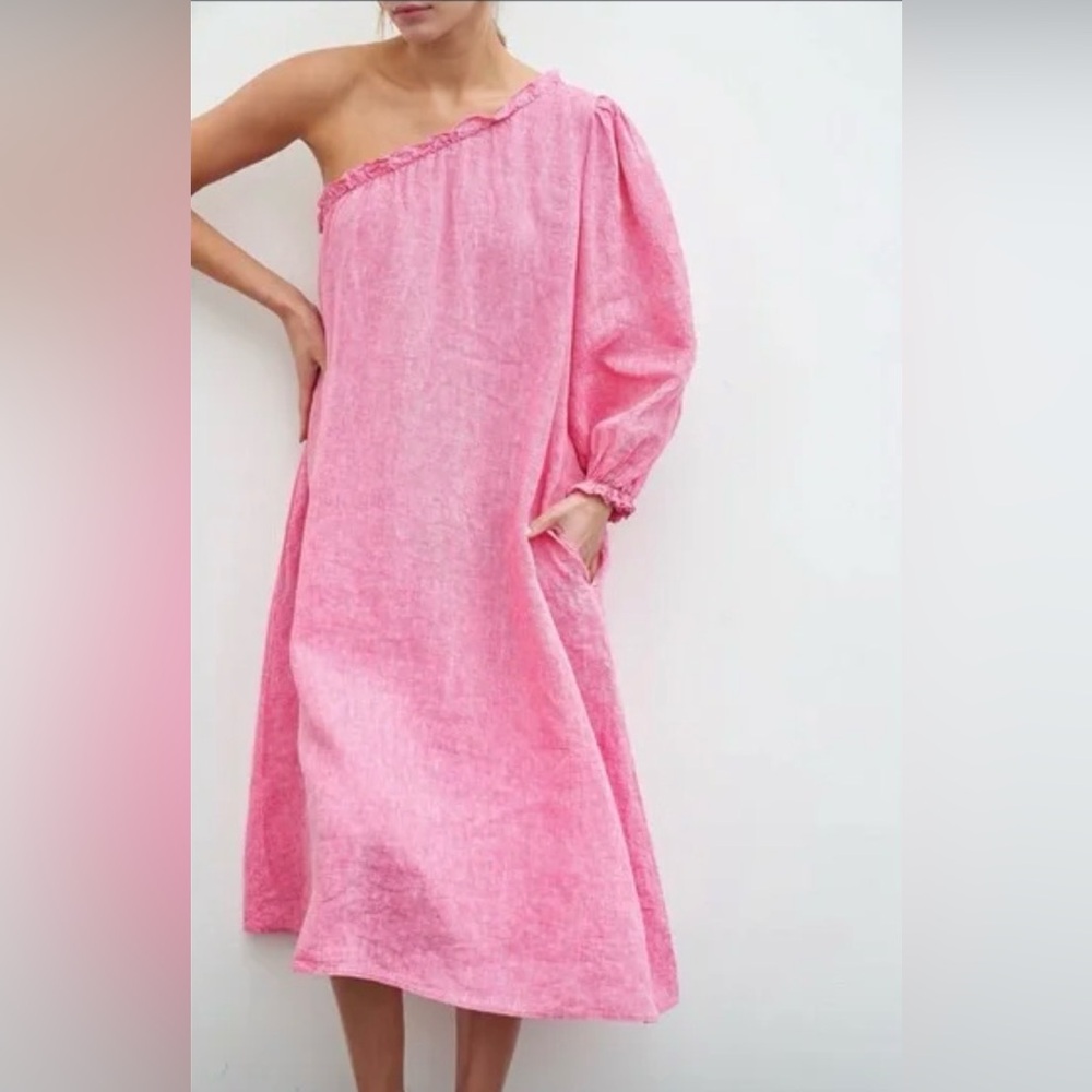 LAKE‎ Milly Linen Pink Midi One Shoulder Southern Preppy Feminine Dress- Large